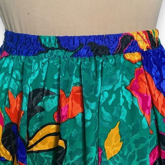Vintage 90s Skirt Pleated Blue Green Reflective Abstract Leaf Print Midi Spring - Picture 6 of 9